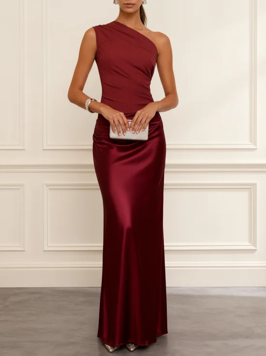 Wine Red Split Joint Satin One Shoulder Sleeveless Sheath Maxi Dress