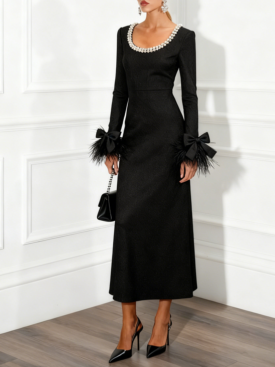 Black Pearl Feather-trimmed Bow Classic U-Neck Long Sleeve A-Line Maxi Dress