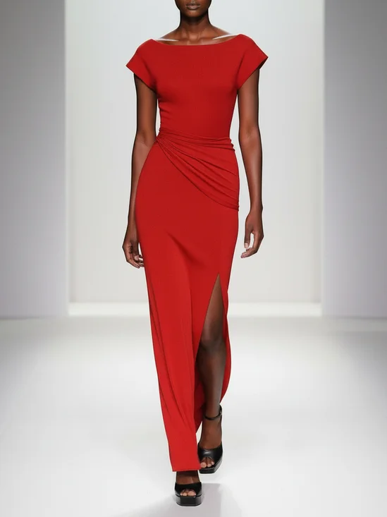 Red Ruched Slit Knit Boat Neck Cap Sleeve Sheath Maxi Dress