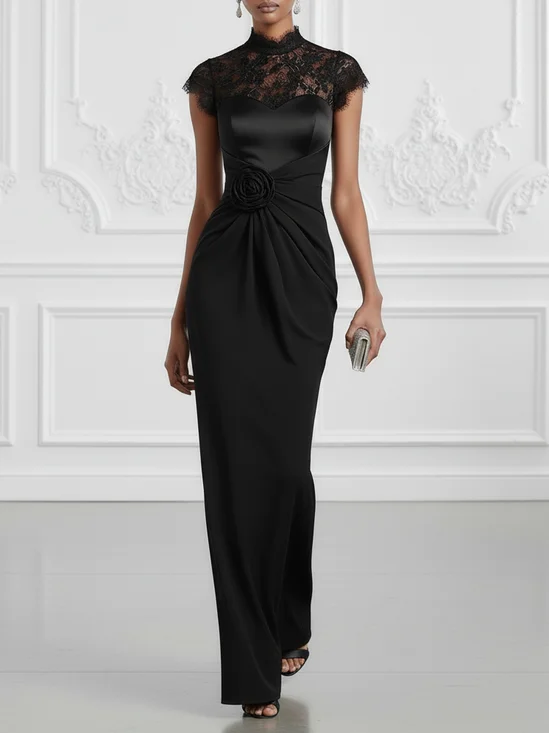 Black 3D Floral Lace Classic Mock Neck Short Sleeve Sheath Maxi Dress