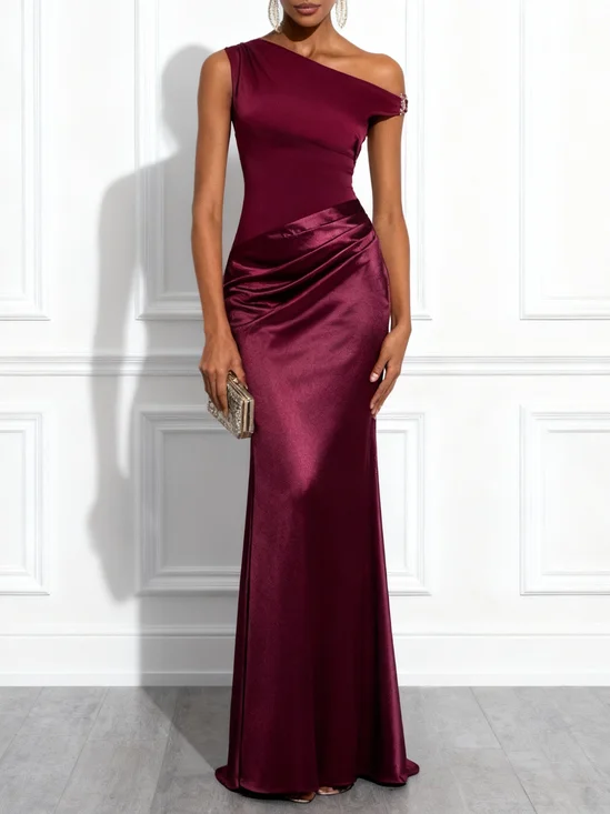 Burgundy Split Joint Ruched Satin One Shoulder Sleeveless Mermaid Maxi Dress