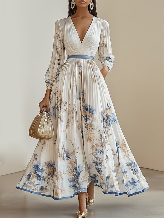 White Pleated Floral Chiffon V Neck Long Sleeve Balloon Sleeve A-Line Maxi Dress