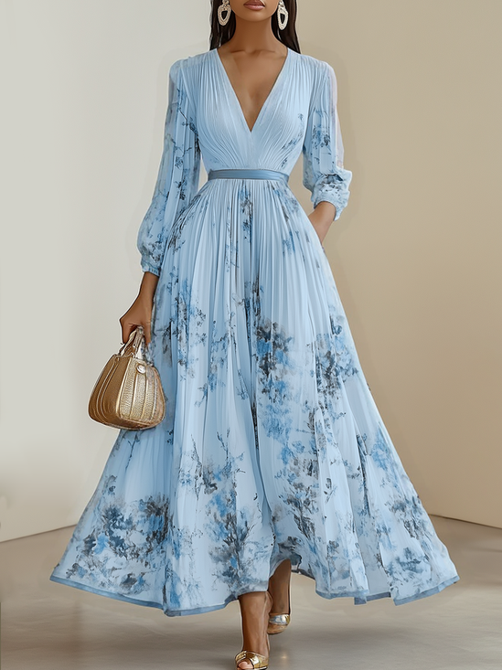 Light Blue Pleated Floral Chiffon V Neck Long Sleeve Balloon Sleeve A-Line Maxi Dress