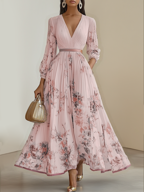 Pink Pleated Floral Chiffon V Neck Long Sleeve Balloon Sleeve A-Line Maxi Dress