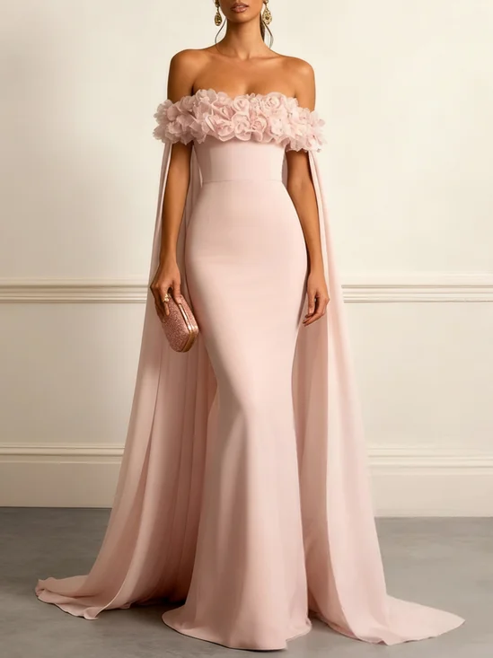 Pink 3D Floral Ruched Classic Off The Shoulder With Removable Cape Short Sleeve Mermaid Gown Dress