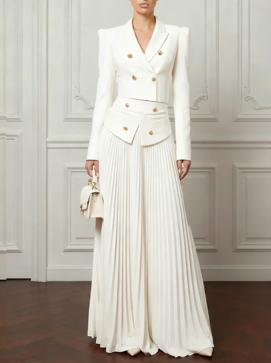Women White Pleated Buckle Lapel Collar Long Sleeve Dressy Blazer With Skirt Two-Piece Set