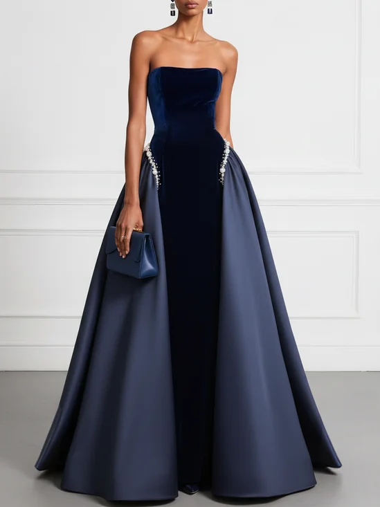 Navy Blue Faux Pearl Split Joint Velvet Satin Strapless Sleeveless A-Line Gown Dress