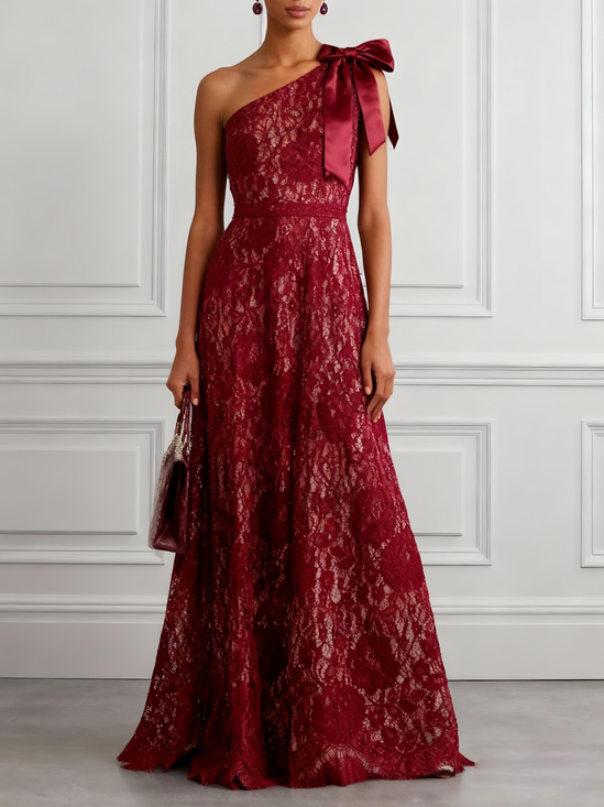 Burgundy Bow Lace One Shoulder Sleeveless A-Line Maxi Dress