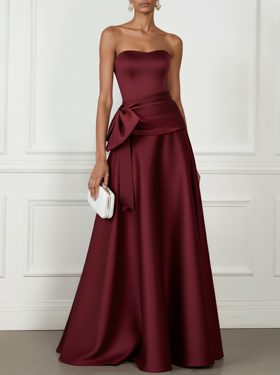 Burgundy Bow Satin Strapless Sleeveless A-Line Gown Dress