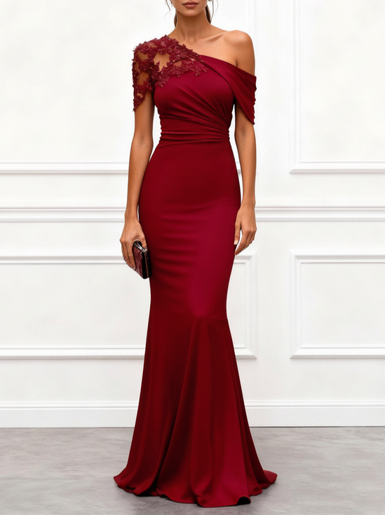Wine Red Lace Ruched Knit One Shoulder Short Sleeve Mermaid Gown Dress