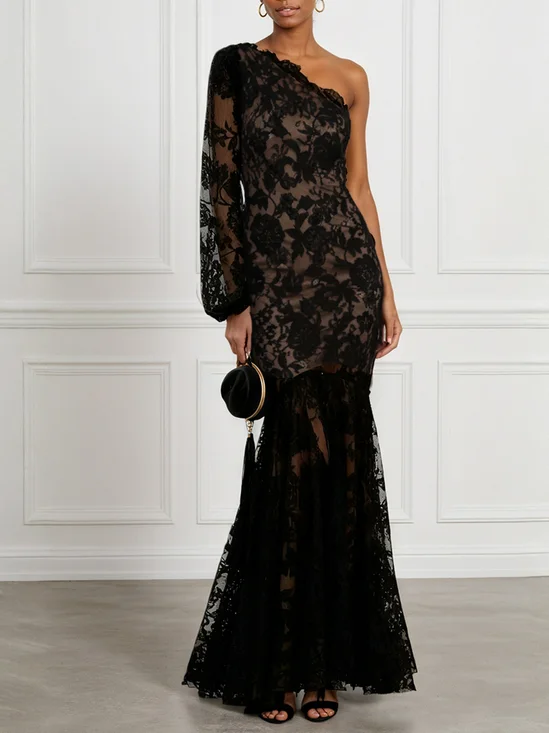 Black Jacquard Lace One Shoulder Long Sleeve Mermaid Maxi Dress