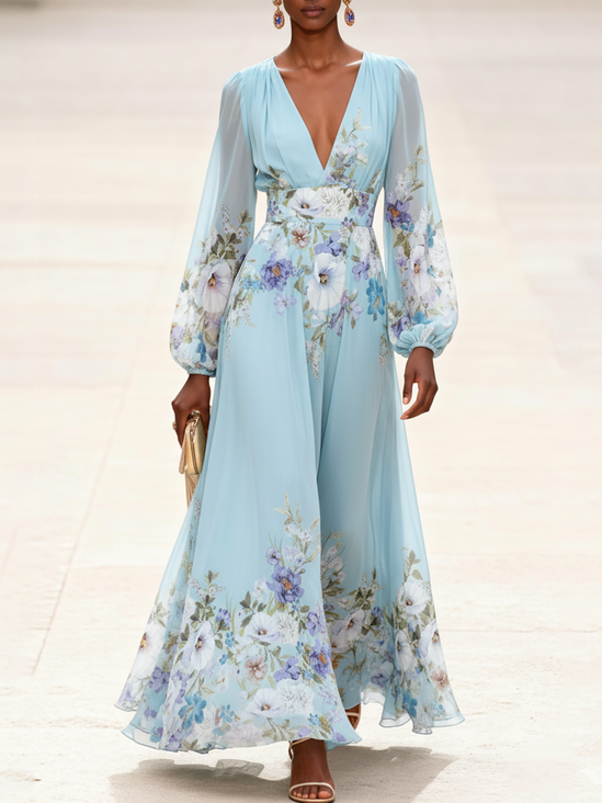 Light Blue Floral Chiffon V Neck Long Sleeve Balloon Sleeve A-Line Maxi Dress