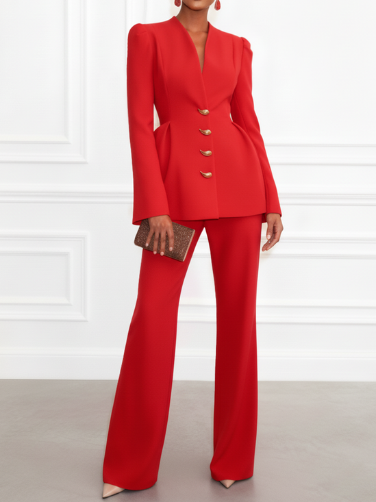 Women Red Buckle Mock Neck Long Sleeve Dressy Coat With Pants Two-Piece Set