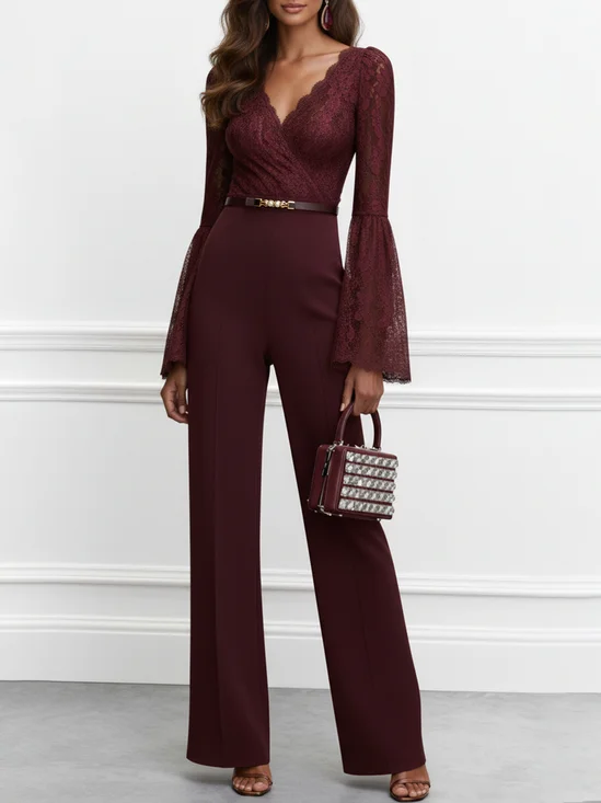 Women Burgundy Lace V Neck Long Sleeve Bell Sleeve Dressy Jumpsuit