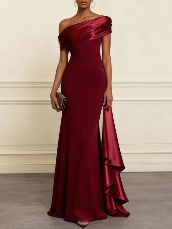Wine Red Ruffled Classic Versatile One Shoulder/ Off-the-Shoulder Short Sleeve Mermaid Maxi Dress