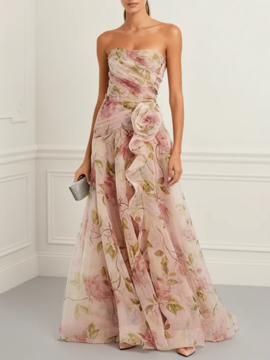 Pink Printing 3D Floral Chiffon Strapless Sleeveless A-Line Gown Dress
