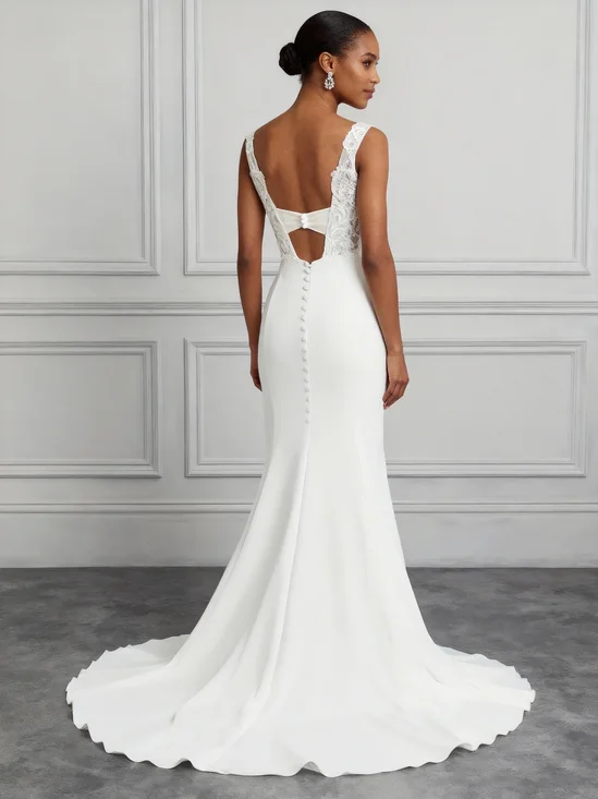 All Season White U-Neck Gallus Lace Embroidery Gown Wedding Dress