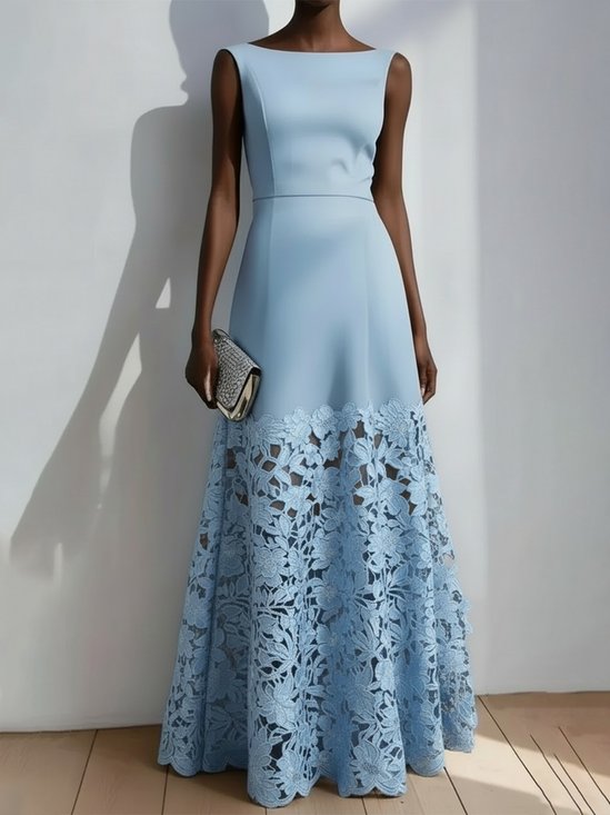 Light Blue Lace Classic Boat Neck Sleeveless A-Line Maxi Dress