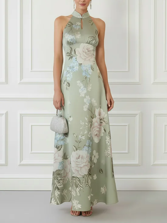 Lightgreen Floral Satin Mock Neck Sleeveless A-Line Maxi Dress