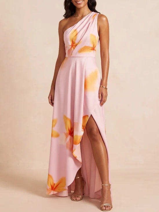 Pink Orange Floral One Shoulder A-line Maxi Bridesmaid Dress