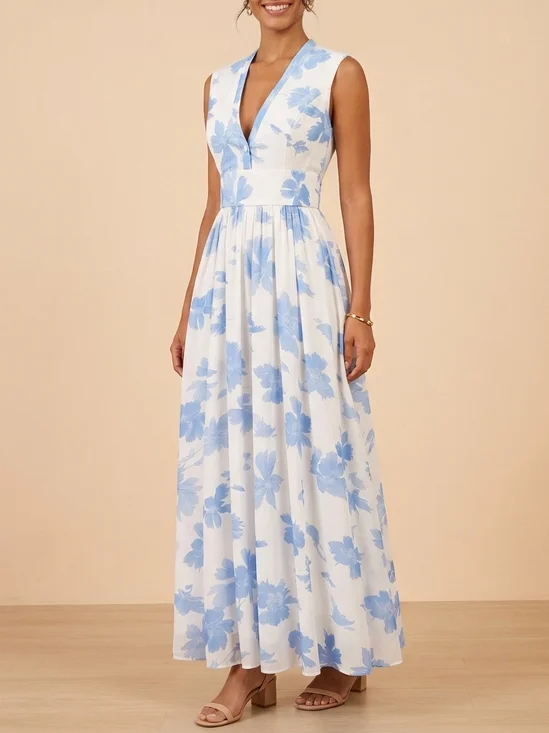 Light Blue Floral V Neck A-Line Maxi Bridesmaid Dress