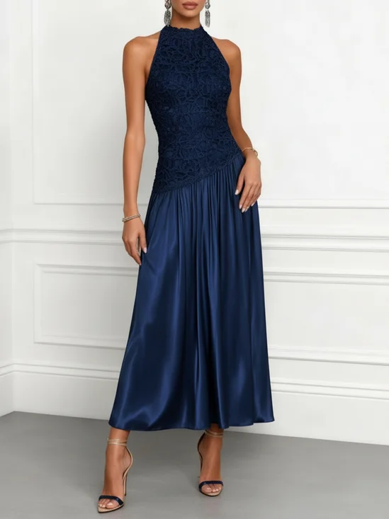 Purplish Blue Lace Satin Crew Neck Sleeveless A-Line Maxi Dress