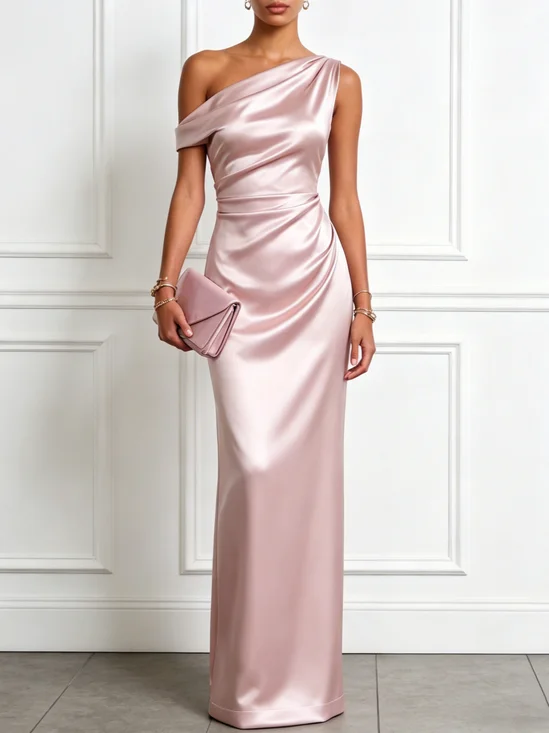 Light Pink Ruched Satin One Shoulder Sleeveless Sheath Floor-length Gown Dress