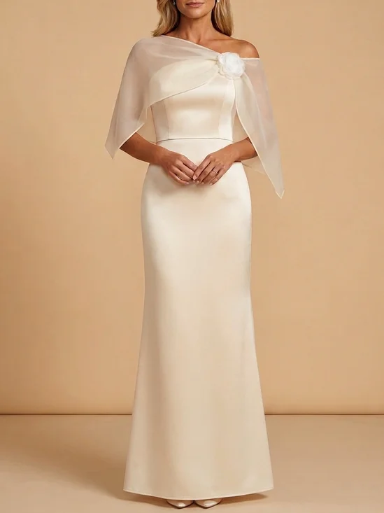 Champagne Strapless Satin Maxi Sheath Mother of the Bride Dress with Chiffon Cape