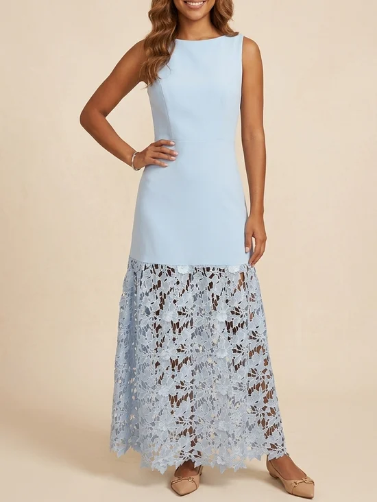 Light Blue Lace Maxi Boat Neck Sleeveless A-Line Mother Of the Bride/Groom Dress