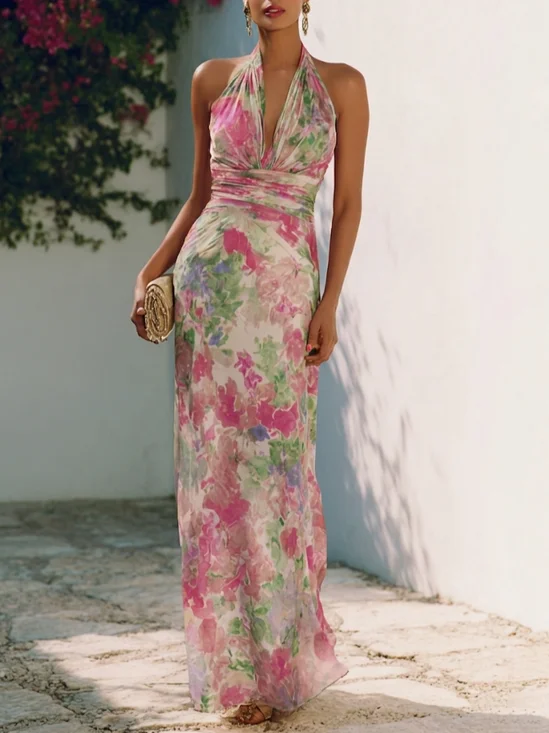 Rose Red Floral Bow Chiffon V Neck Sleeveless Sheath Floor-length Gown Dress