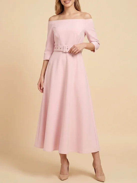 Blush Pink Off Shoulder 3/4 Sleeve Belted A-Line Maxi Bridesmaid Dress