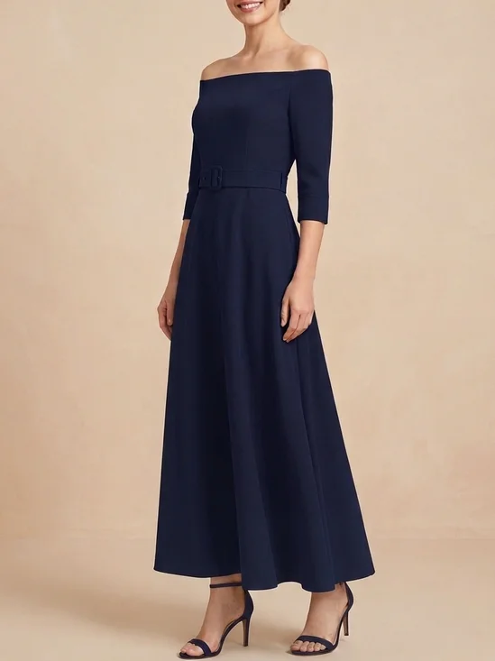 Navy Blue Off Shoulder Belted A-Line Maxi Mother of the Bride Dress