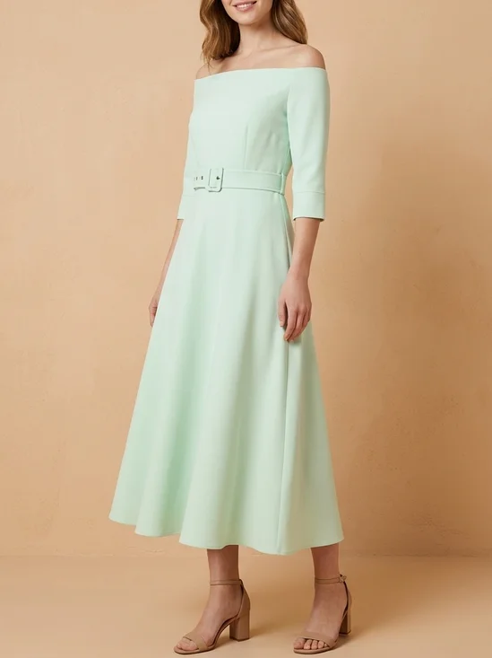 Mint Green Off Shoulder 3/4 Sleeve Belted A-Line Maxi Bridesmaid Dress