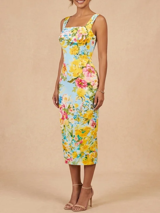 Floral Print Square Neck Midi Dress - Sophisticated Mother of the Bride & Groom Sheath Dress