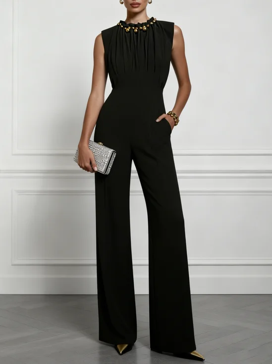 Women Black Faux Pearl Ruched Crew Neck Sleeveless Dressy Jumpsuit