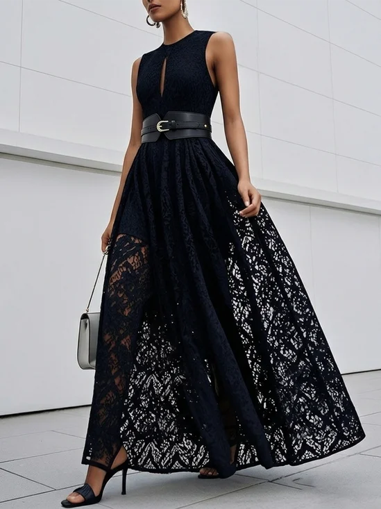 Black Lace Hollow Out Cotton Crew Neck Sleeveless A-Line Maxi Dress With Belt