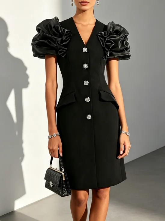 Black Rhinestone Ruched Classic V Neck Short Sleeve Sheath Midi Dress