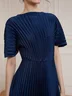 Dark Blue Satin Pleated Boat Neck A-Line Midi Dress