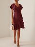 Wine Red Cross Neck Short Sleeve Knee-Length Dress