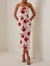 Red Floral Strapless Sheath Midi Dress