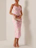 Pink Floral Spaghetti Slit Sheath Midi Dress