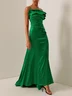 Green Ruched One Shoulder Sleeveless A-Line Gown