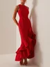 Red Ruffled Sleeveless Slit A-Line Gown