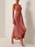 Pink Ruched Halter Sleeveless Asymmetrical A-Line Midi Dress