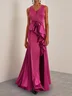 Rose Red V Neck Sleeveless Floor Length Dress with 3D Floral