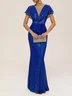 Blue Sequin V Neck Short Sleeve Glitter Sheath  Maxi Dress