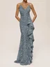 Silver Sequin Ruffled Spaghetti Sleeveless A-Line Gown