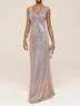 Pink Sequin Heart Neck Sleeveless Slit A-Line Gown