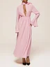 Pink 3D Floral Deep V Neck Long Bell Sleeve Slit A-Line Maxi Dress