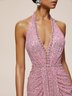 Pink Sequin Rhinestone Halter Sleeveless Sheath Maxi Dress